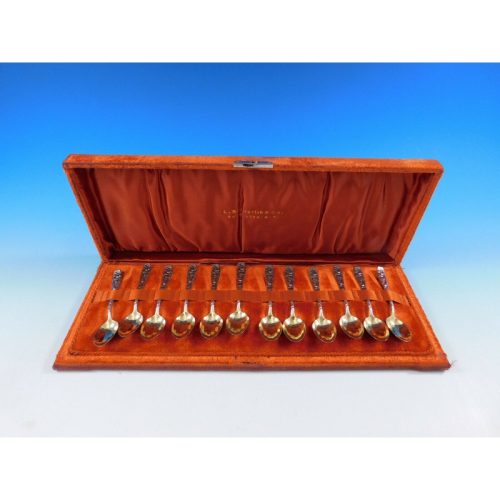 Berry by Whiting Sterling Set 12 Demitasse Spoons in Fitted Box Gold-washed