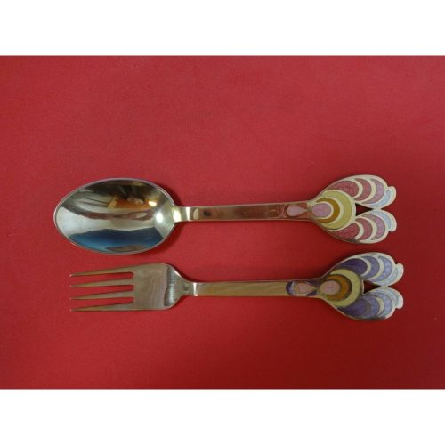 Christmas Theme by Michelsen Sterling Fork & Spoon Set 1972 Jul Enameled Gilt