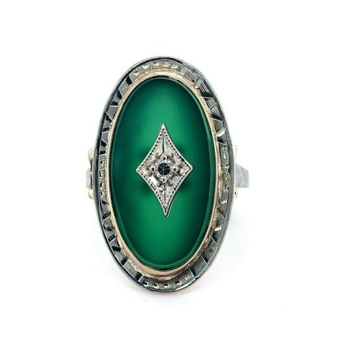 10k Yellow Gold Art Deco Genuine Natural Chrysoprase and Diamond Ring (#J4982)