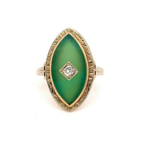 10k Yellow Gold Deco Genuine Natural Chrysoprase and Diamond Ring (#J4889)