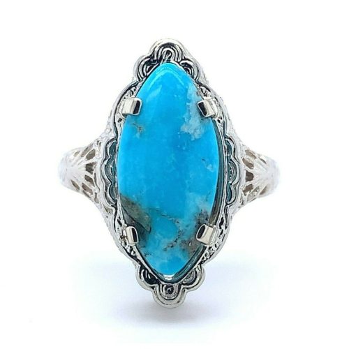 14k Gold Art Deco Genuine Natural Turquoise Marquise Filigree Ring (#J5187)