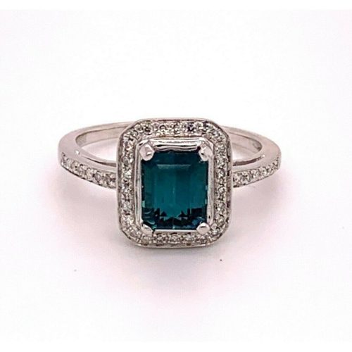 14k Gold Blue Green Genuine Natural Tourmaline and Diamond Halo Ring (#J4829)