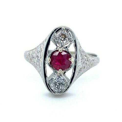 14k White Gold Art Deco .33ct Genuine Natural Ruby and Diamond Ring (#J4990)