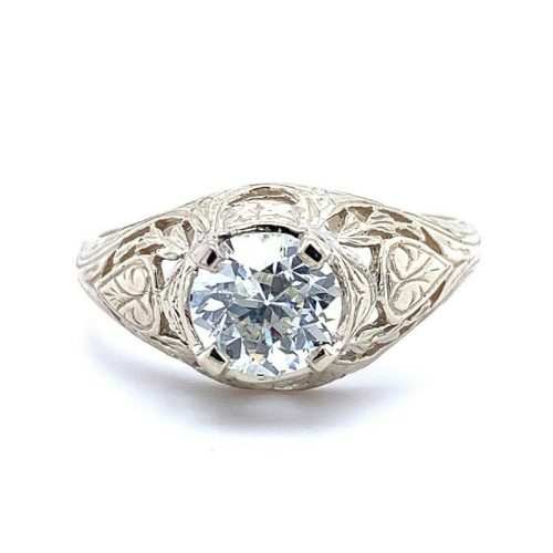 14k White Gold Art Deco .78ct Genuine Natural Diamond Filigree Ring GIA (#J5194)