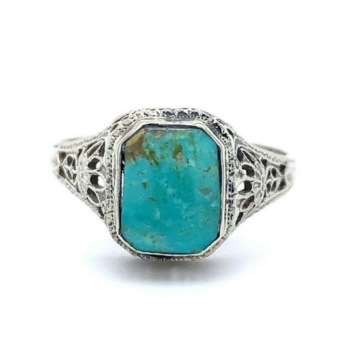 14k White Gold Art Deco Genuine Natural Turquoise Filigree Ring (#J5184)