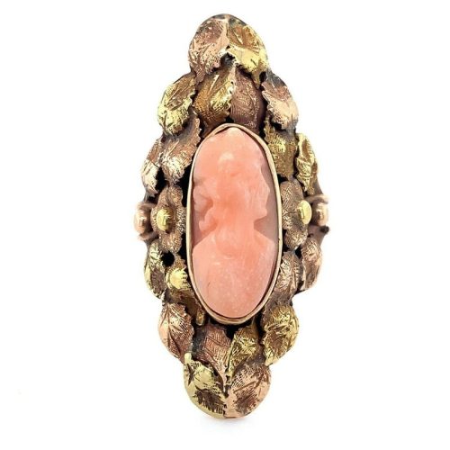 14k Yellow Gold Arts and Crafts Genuine Natural Coral Cameo Flower Ring (#J4991)
