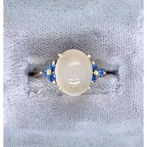 14k Yellow Gold Genuine Natural Moonstone and Blue Sapphire Ring (#J5167)