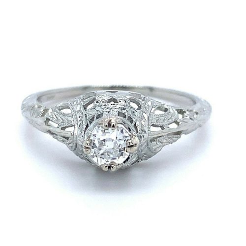 18k White Gold Art Deco .27ct Genuine Natural Diamond Filigree Ring (#J5157)