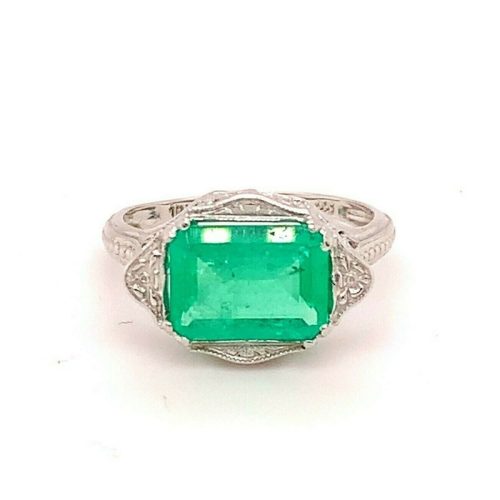 Filigree 18k Gold Art Deco 2.12 Carat Genuine Natural Emerald Ring (#J4843)