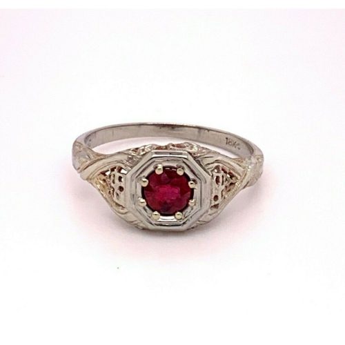 Filigree 18k White Gold Art Deco .52ct Genuine Natural Ruby Ring (#J4841)