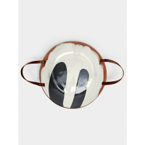 Hand-Glazed Terracotta Large Serving Bowl with Leather Handle