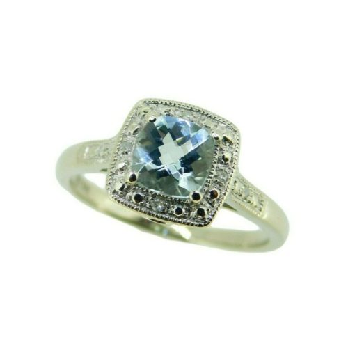 10k White Gold Cushion Genuine Natural Aquamarine and Diamond Halo Ring (#J4729)