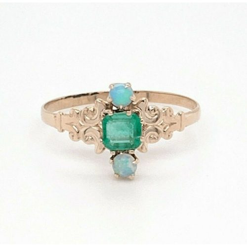 10k Yellow Gold Victorian Genuine Natural Emerald and Opal Ring (#J4823)