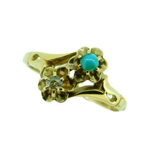 10k Yellow Gold Victorian Genuine Natural Turquoise and Diamond Ring (#J4533)