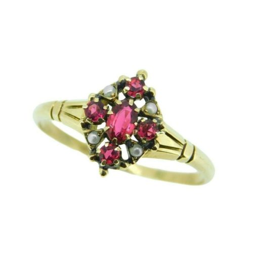 10k Yellow Gold Victorian Red Glass and Seed Pearl Ring (#J4773)
