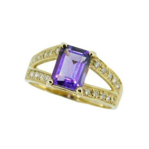 14k Gold Emerald Cut 1.40ct Genuine Natural Amethyst Ring with Diamonds (#J2363)