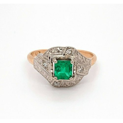 14k Gold Genuine Natural Emerald and Diamond Vintage Engraved Ring (#J4832)