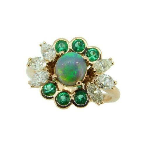 14k Rose Gold Genuine Natural Opal Emerald and Diamond Ring (#J4775)