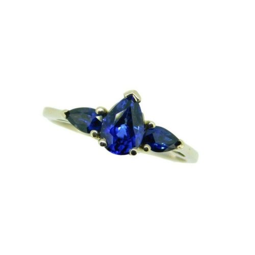 14k White Gold 1.49 Carat TW Blue Genuine Natural Sapphire 3 Stone Ring (#J555)