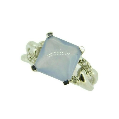 14k White Gold Blue-Gray Genuine Natural Chalcedony Ring with Diamonds (#J3558)