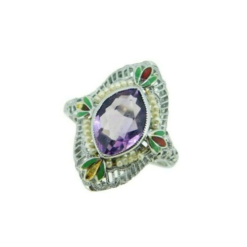 14k White Gold Filigree Amethyst Enamel Ring (#J4721)