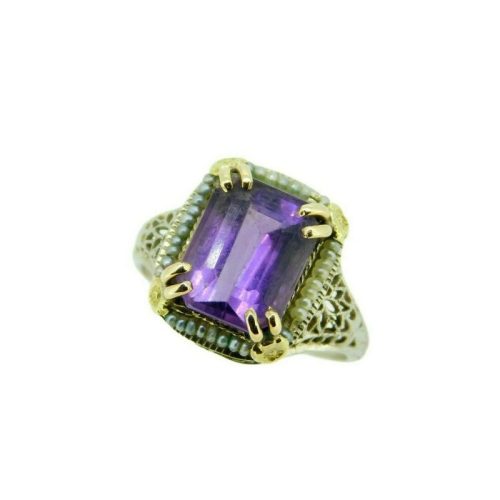 14k White Gold Filigree Amethyst Seed Pearl Ring (#J4691)