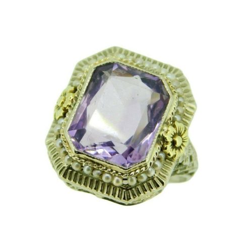 14k White Gold Filigree Amethyst Seed Pearl Ring with Applied Flowers (#J4697)