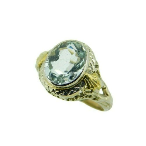 14k White Gold Genuine Natural Aquamarine Filigree Ring Applied Leaves (#J4722)