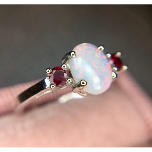 14k White Gold Genuine Natural Opal and Ruby Three Stone Ring (#J3863)