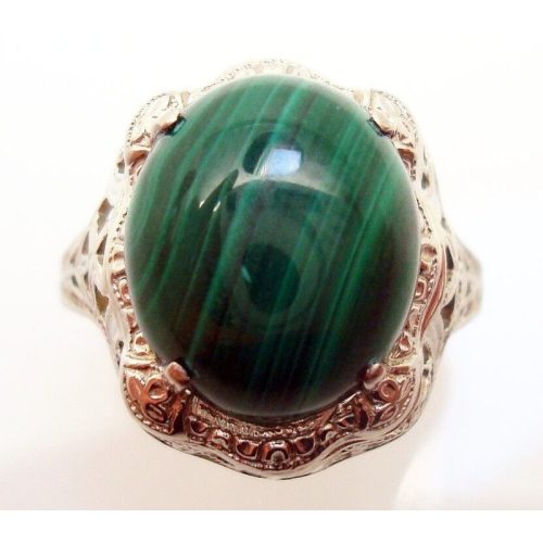 14k White Gold Oval Genuine Natural Malachite Filigree Ring (#J2900)