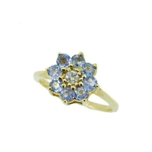 14k Yellow Gold Flower Genuine Natural Tanzanite Ring with Diamond (#J2051)