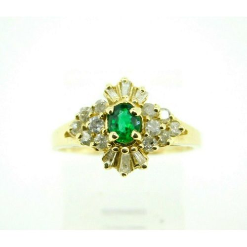 14k Yellow Gold Genuine Natural Emerald and Diamond Cocktail Ring (#J1844)