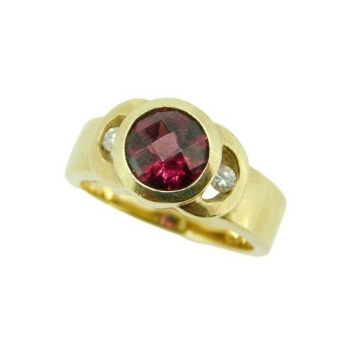14k Yellow Gold Genuine Natural Garnet and Diamond Ring Wide Heavy (#J395)