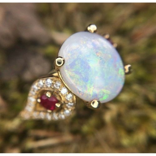 14k Yellow Gold Genuine Natural Opal Ruby and Diamond Ring (#J2650)