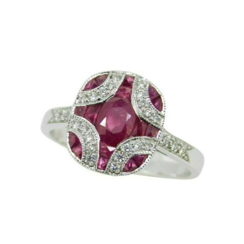 18k Gold Deco Style 1.28ct Genuine Natural Ruby Ring with Diamonds (#J2355)