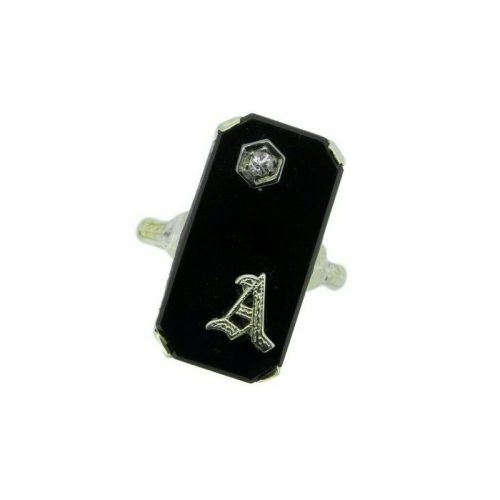 18k Gold Hand Engraved Genuine Natural Onyx Initial A Ring with Diamond (#J4769)