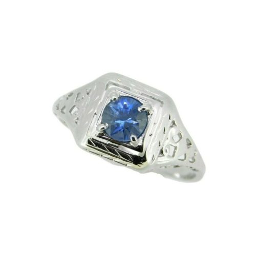 18k White Gold Filigree .53ct Blue Genuine Natural Sapphire Ring (#J4524)