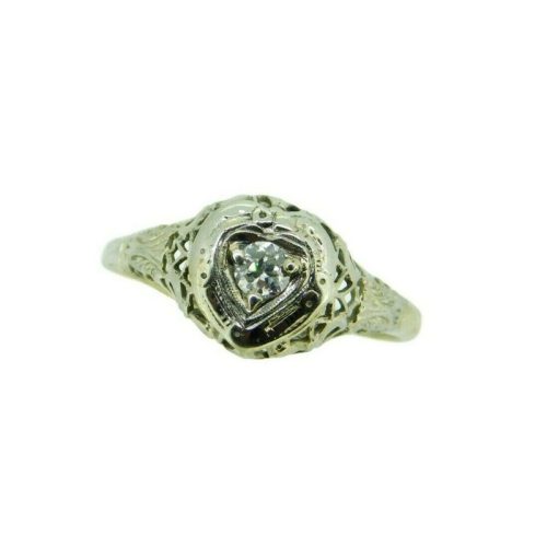 18k White Gold Filigree Heart .10ct Genuine Natural Diamond Ring (#J4768)