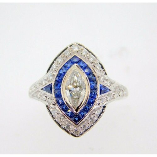 18k White Gold Marquise Genuine Natural Diamond and Sapphire Halo Ring  (#J4013)