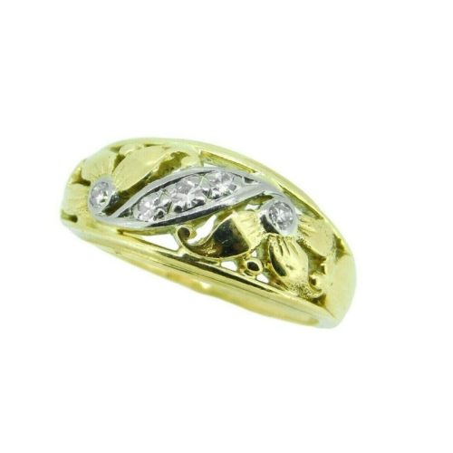 18k Yellow Gold Carved Flower Genuine Natural Diamond Ring Band (#J4690)