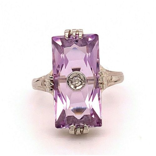 Art Deco 14k Gold Filigree Genuine Natural Amethyst and Diamond Ring (#J4845)