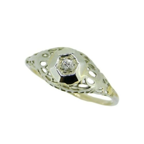 Art Deco 14k White Gold Genuine Natural Diamond Filigree Ring .05ct (#J3294)