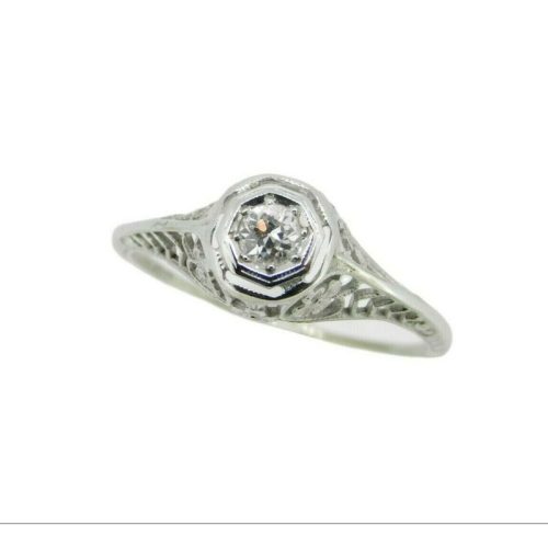 Art Deco 18k Filigree .15ct Genuine Natural Diamond Ring with Flowers (#J4766)