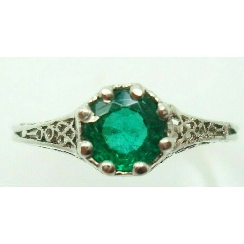Art Deco 18k White Gold .48ct Genuine Natural Emerald Filigree Ring (#J901)
