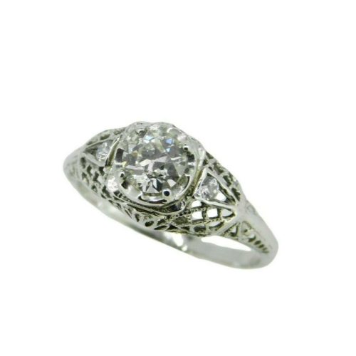 Art Deco 18k White Gold Genuine Natural Diamond Filigree Ring .56ct (#J2360)