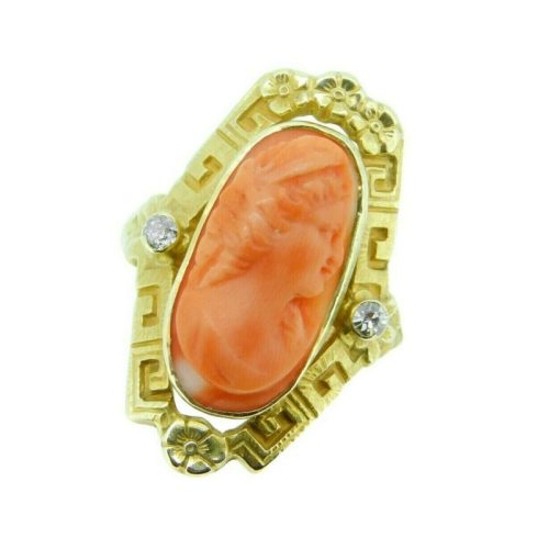 Arts and Crafts 10k Yellow Gold Genuine Natural Coral Cameo Ring (#J4772)