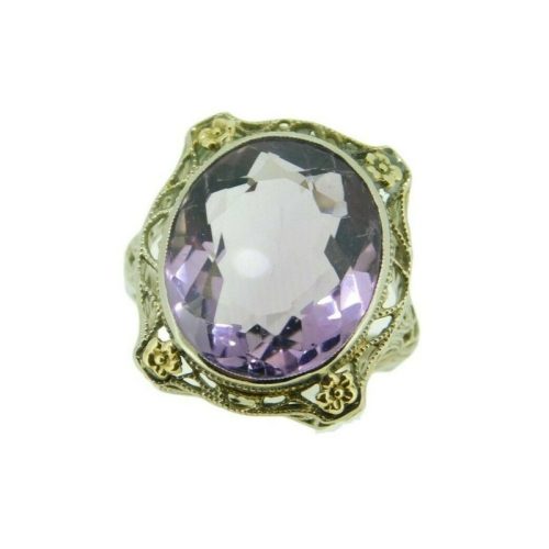 Deco 14k White Gold Filigree Genuine Natural Amethyst Ring Flowers (#J4728)