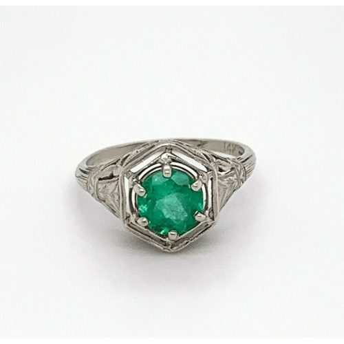 Filigree 14k White Gold Art Deco .86ct Genuine Natural Emerald Ring (#J4828)