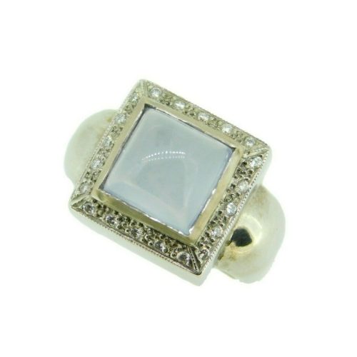 Modern 14k White Gold Square Genuine Natural Chalcedony Ring w/Diamonds (#J3603)