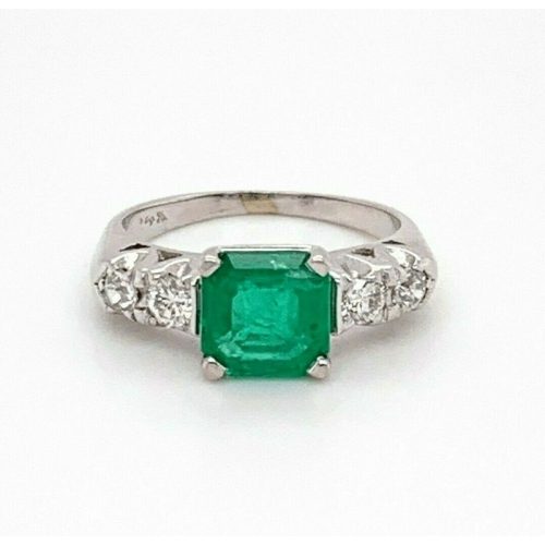 Vintage 14k White Gold 1.34ct Genuine Natural Emerald and Diamond Ring (#J4835)